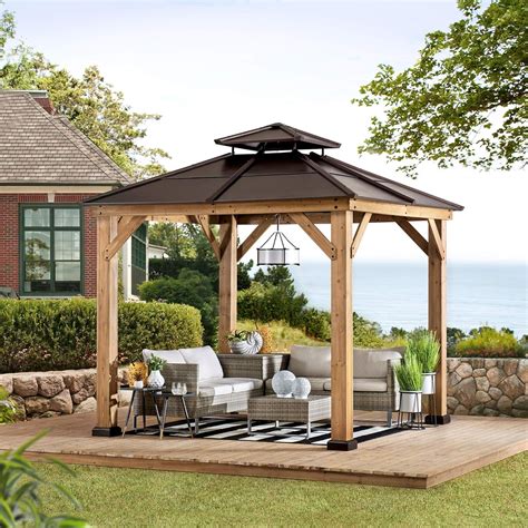 Sunjoy gazebo 8x8 - Description. Our gazebo has a modern design with a 2-section steel pole and extended eaves, designed for providing additional shadow, and comes with mesh netting which can keep small things and sunshine out and make the conversation truly private. The optional hook on the top is ideal for hanging lights, plants, and more.